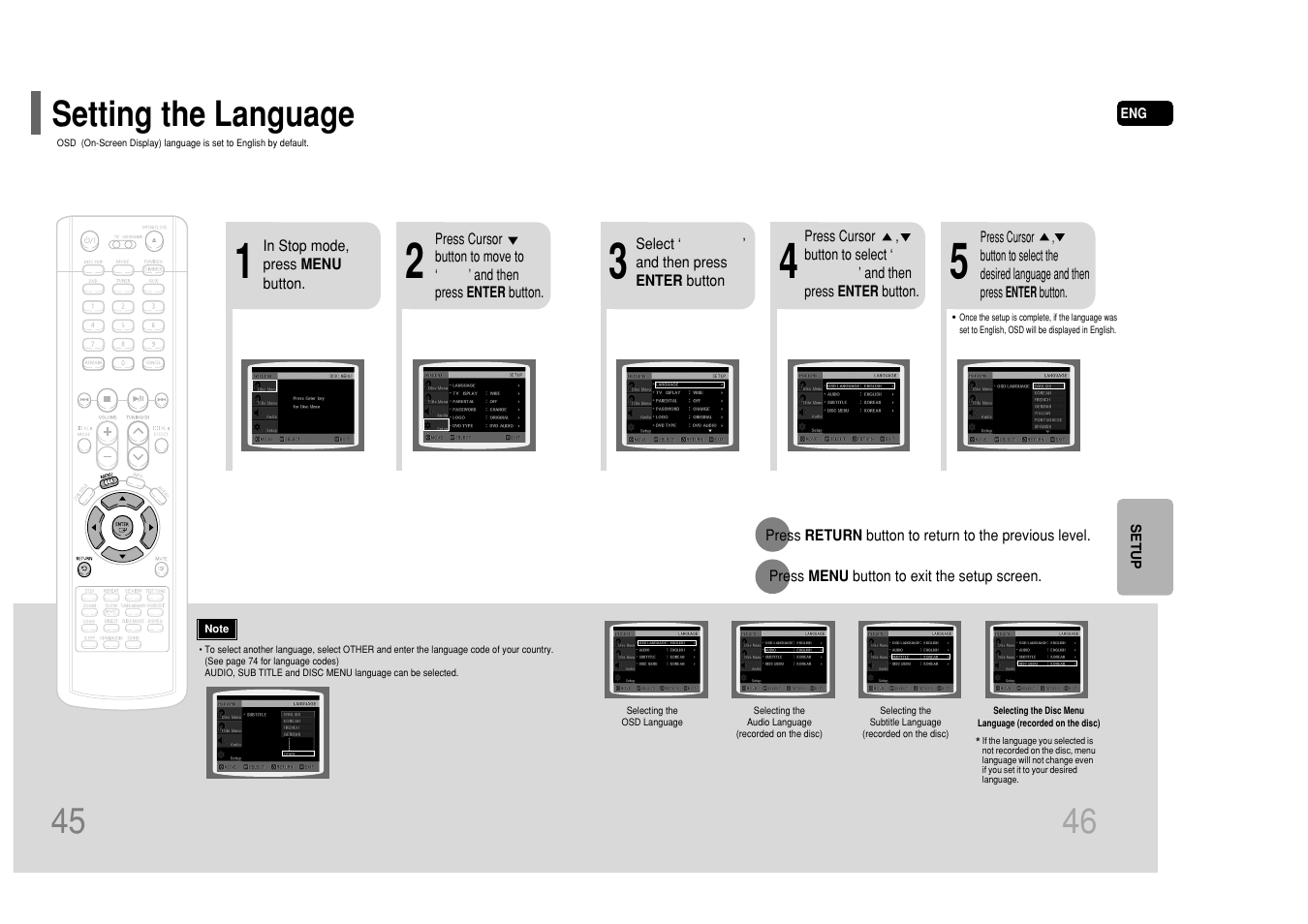 Setup, Setting the language, Setting the language 45 | Samsung HT-P50T-XAC User Manual | Page 24 / 39