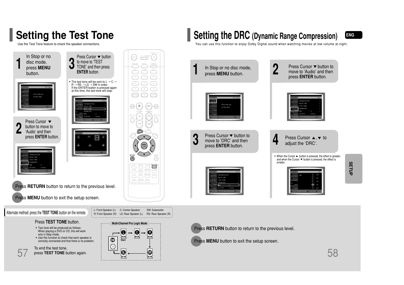 Setting the test tone, Setting the drc (dynamic range compression), Setting the drc | Dynamic range compression) | Samsung HT-P50T-XAC User Manual | Page 30 / 39