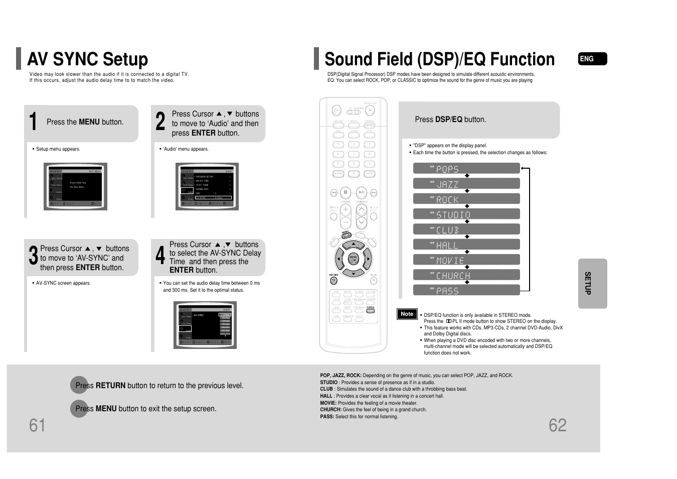 Av sync setup, Sound field (dsp)/eq function, Av sync setup 61 | Samsung HT-P50T-XAC User Manual | Page 32 / 39