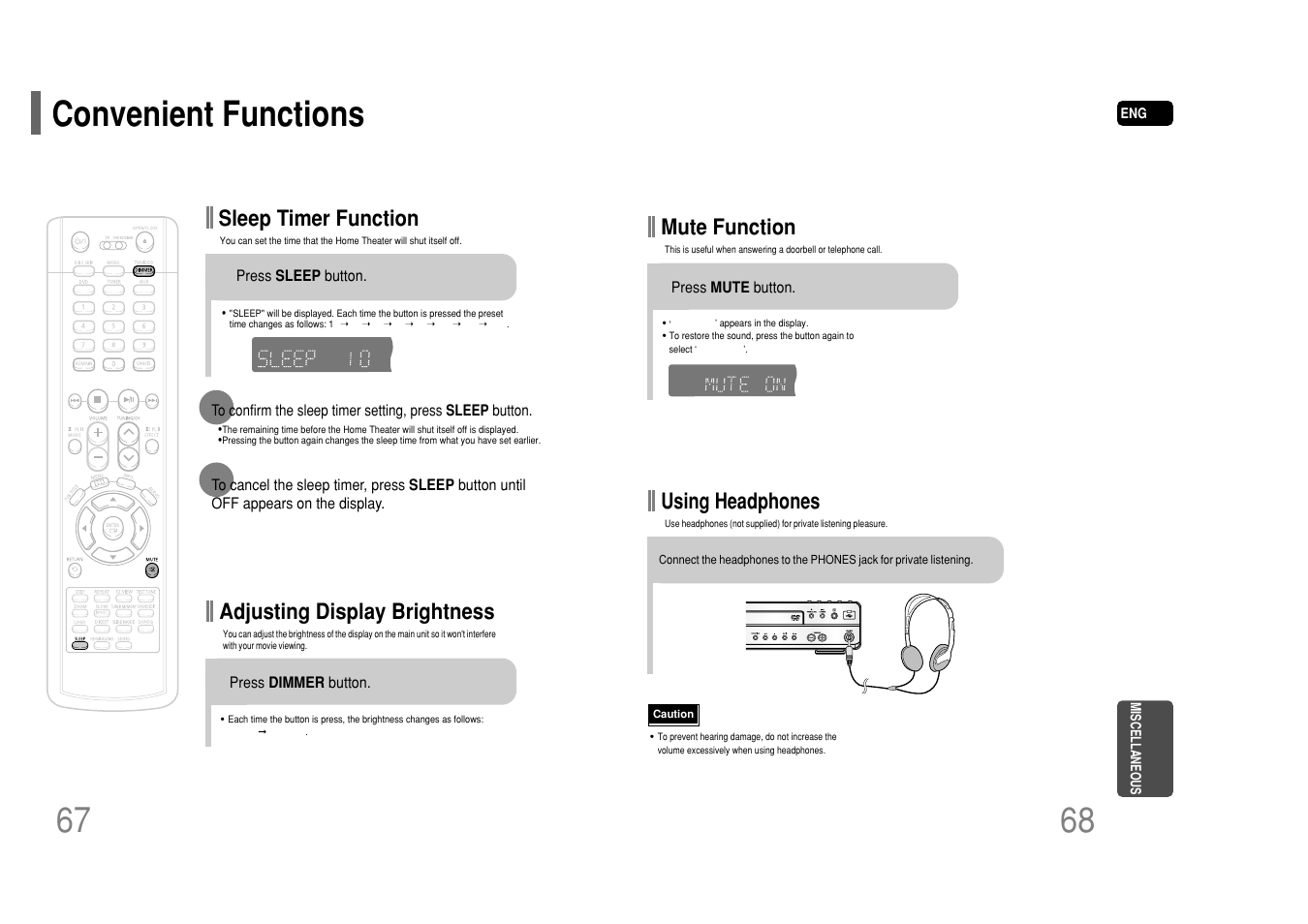 Miscellaneous, Convenient functions, Adjusting display brightness | Sleep timer function, Mute function, Using headphones | Samsung HT-P50T-XAC User Manual | Page 35 / 39