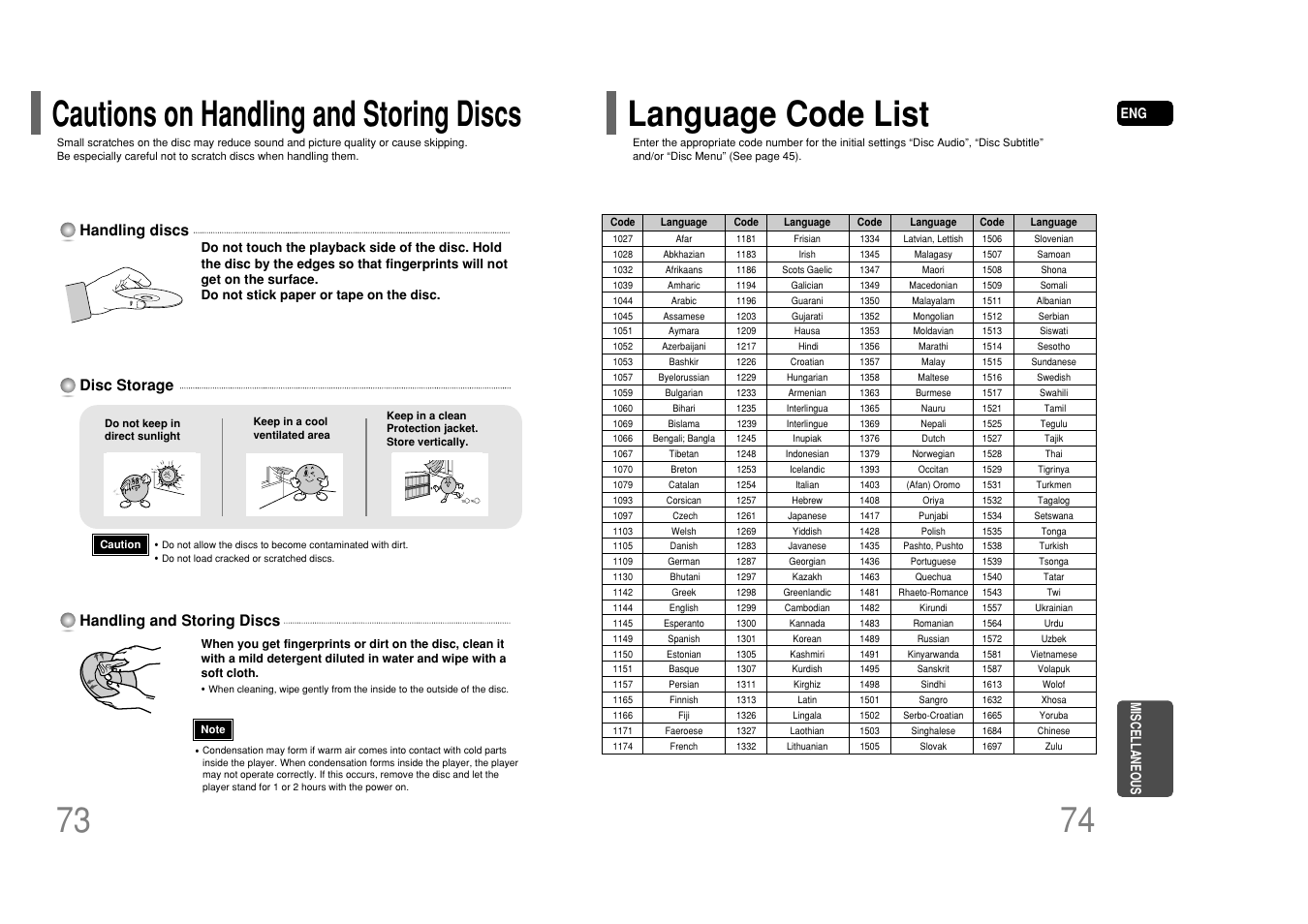 Cautions on handling and storing discs, Language code list, Language code list 73 | Samsung HT-P50T-XAC User Manual | Page 38 / 39