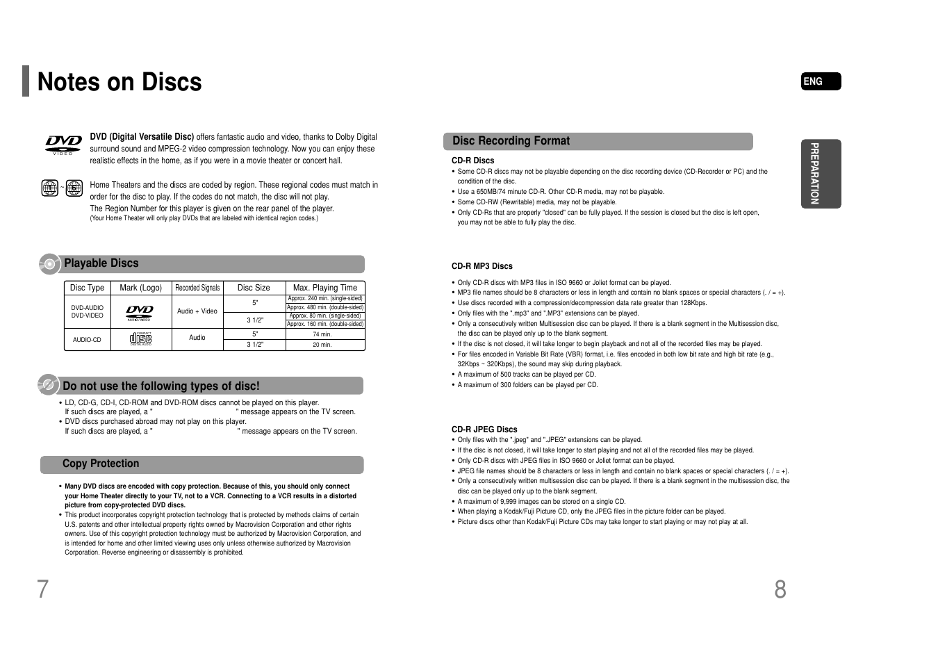 Notes on discs, Disc recording format, Do not use the following types of disc | Playable discs | Samsung HT-P50T-XAC User Manual | Page 5 / 39