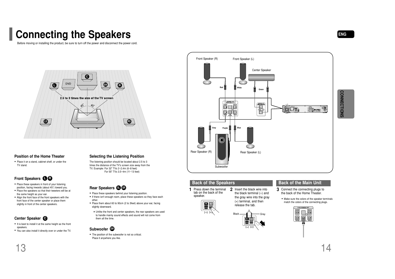 Connections, Connecting the speakers | Samsung HT-P50T-XAC User Manual | Page 8 / 39