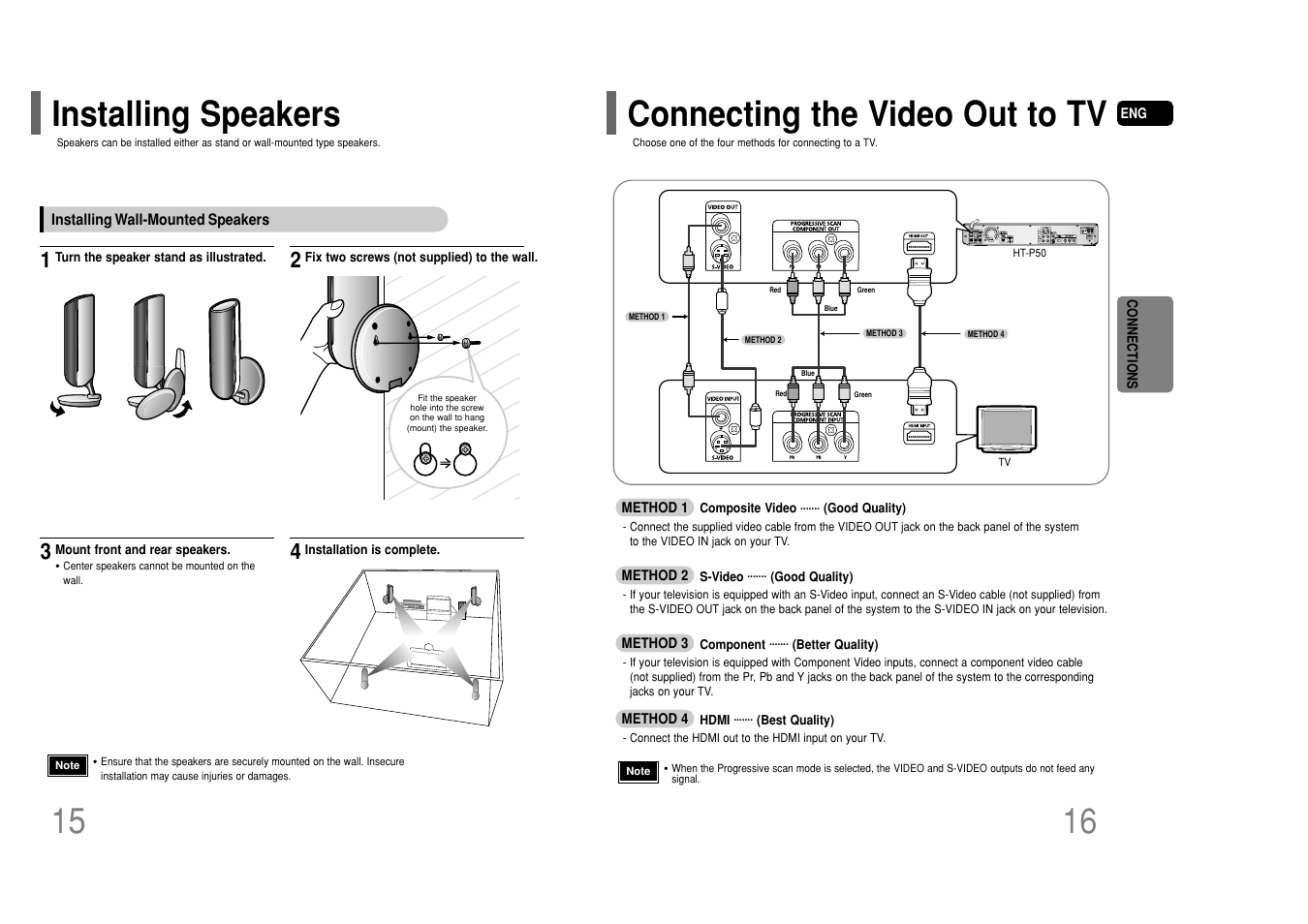 Installing speakers, Connecting the video out to tv | Samsung HT-P50T-XAC User Manual | Page 9 / 39