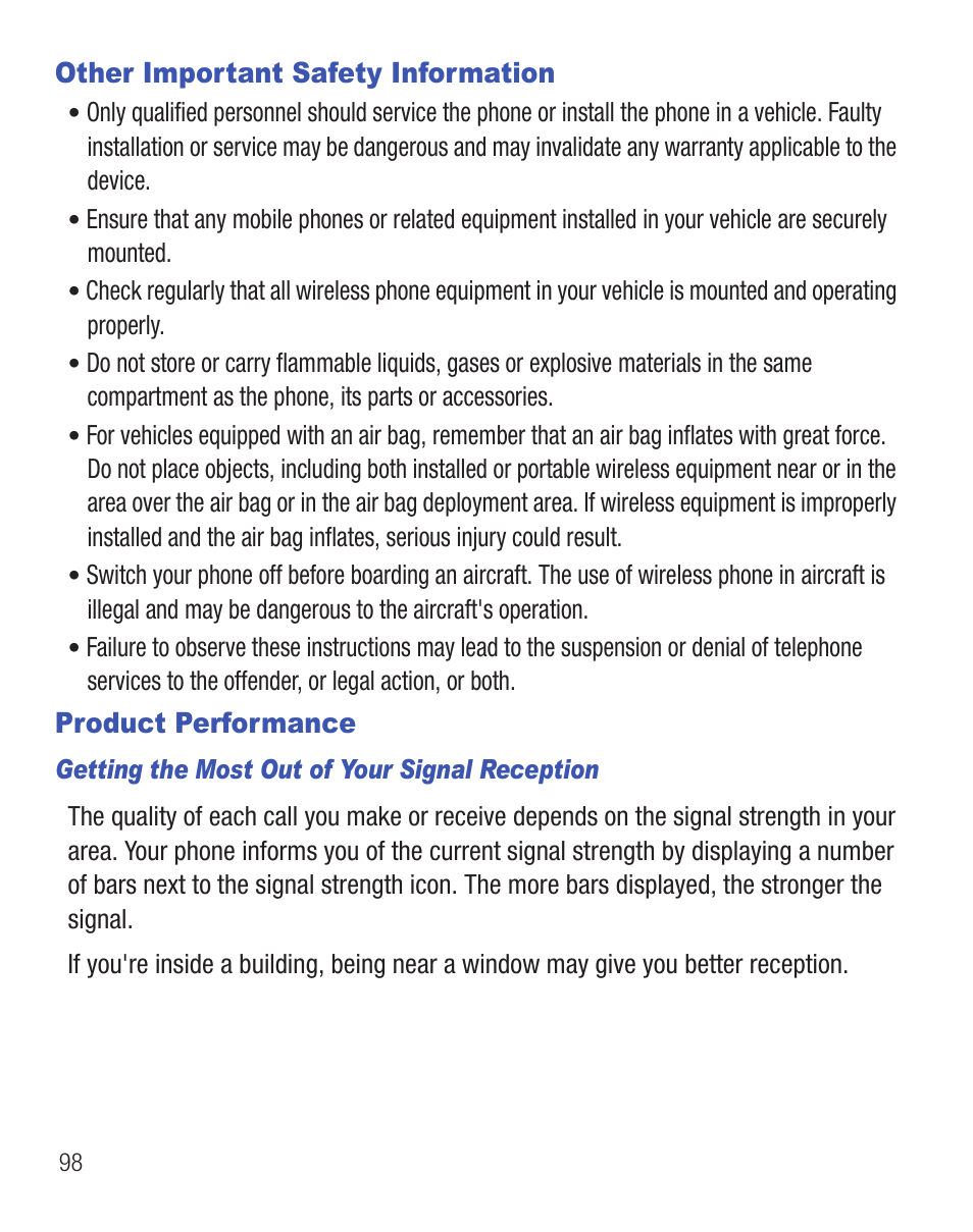 Other important safety information, Product performance | Samsung SGH-T404ZKATFN User Manual | Page 102 / 107