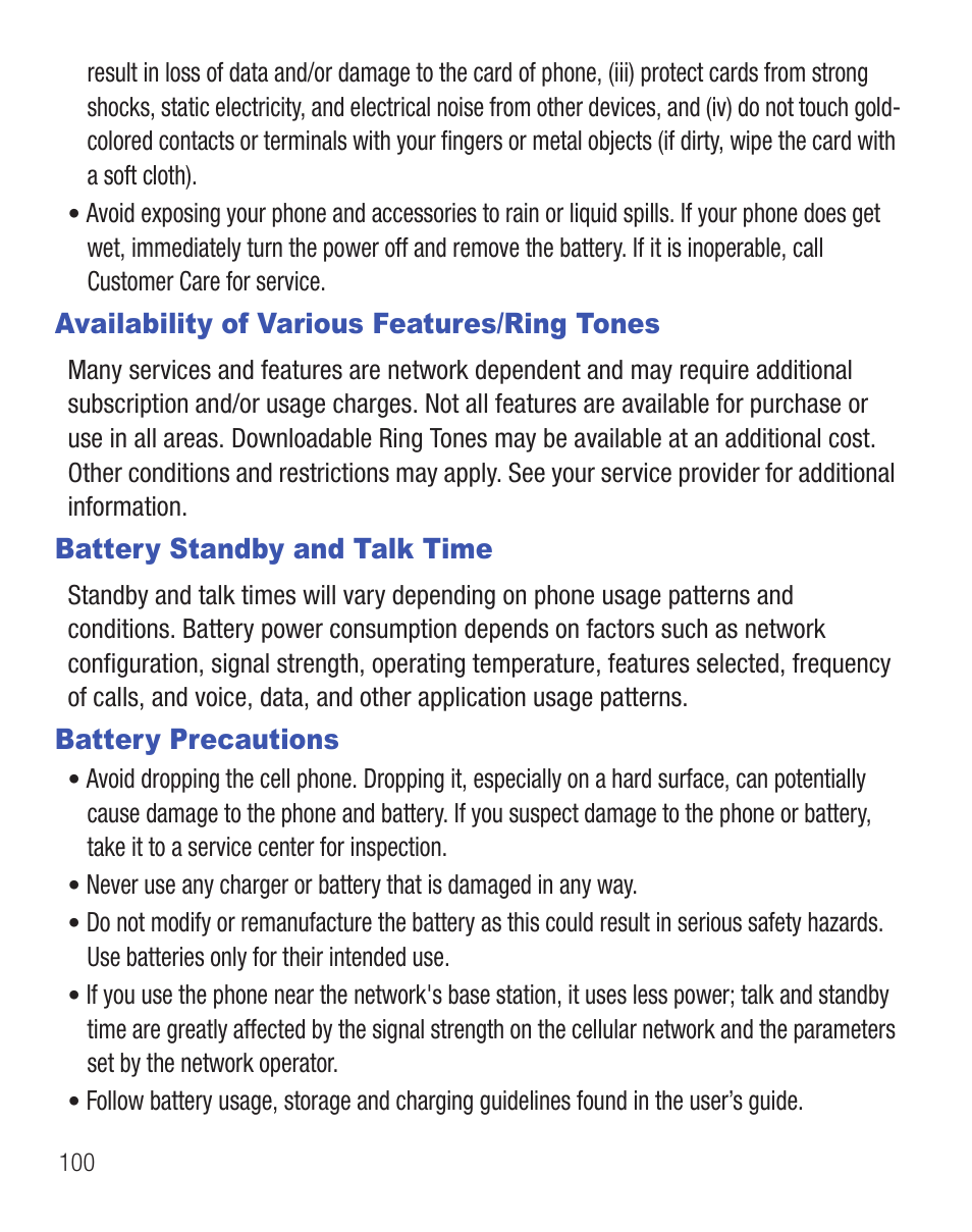 Availability of various features/ring tones, Battery standby and talk time, Battery precautions | Samsung SGH-T404ZKATFN User Manual | Page 104 / 107