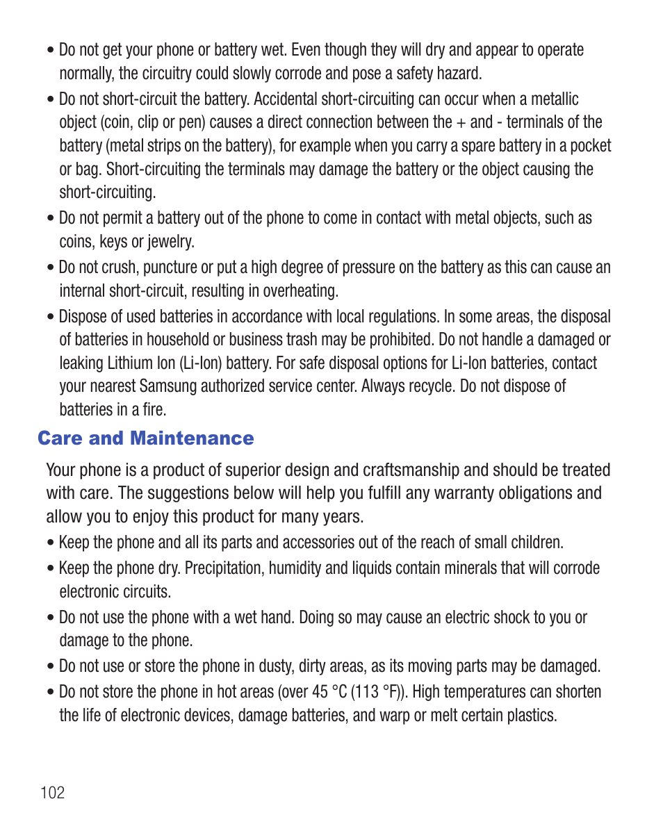 Care and maintenance | Samsung SGH-T404ZKATFN User Manual | Page 106 / 107