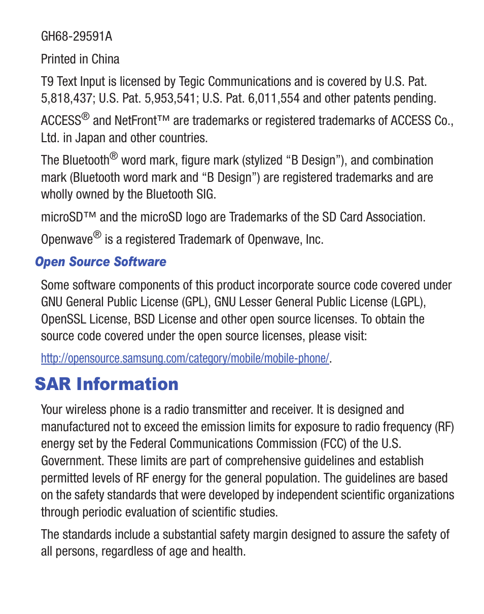 Sar information | Samsung SGH-T404ZKATFN User Manual | Page 3 / 107