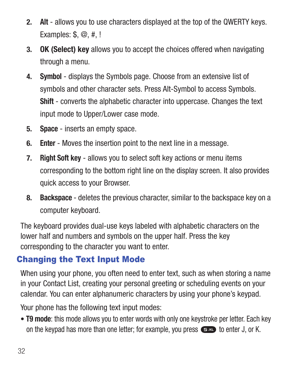 Changing the text input mode | Samsung SGH-T404ZKATFN User Manual | Page 36 / 107