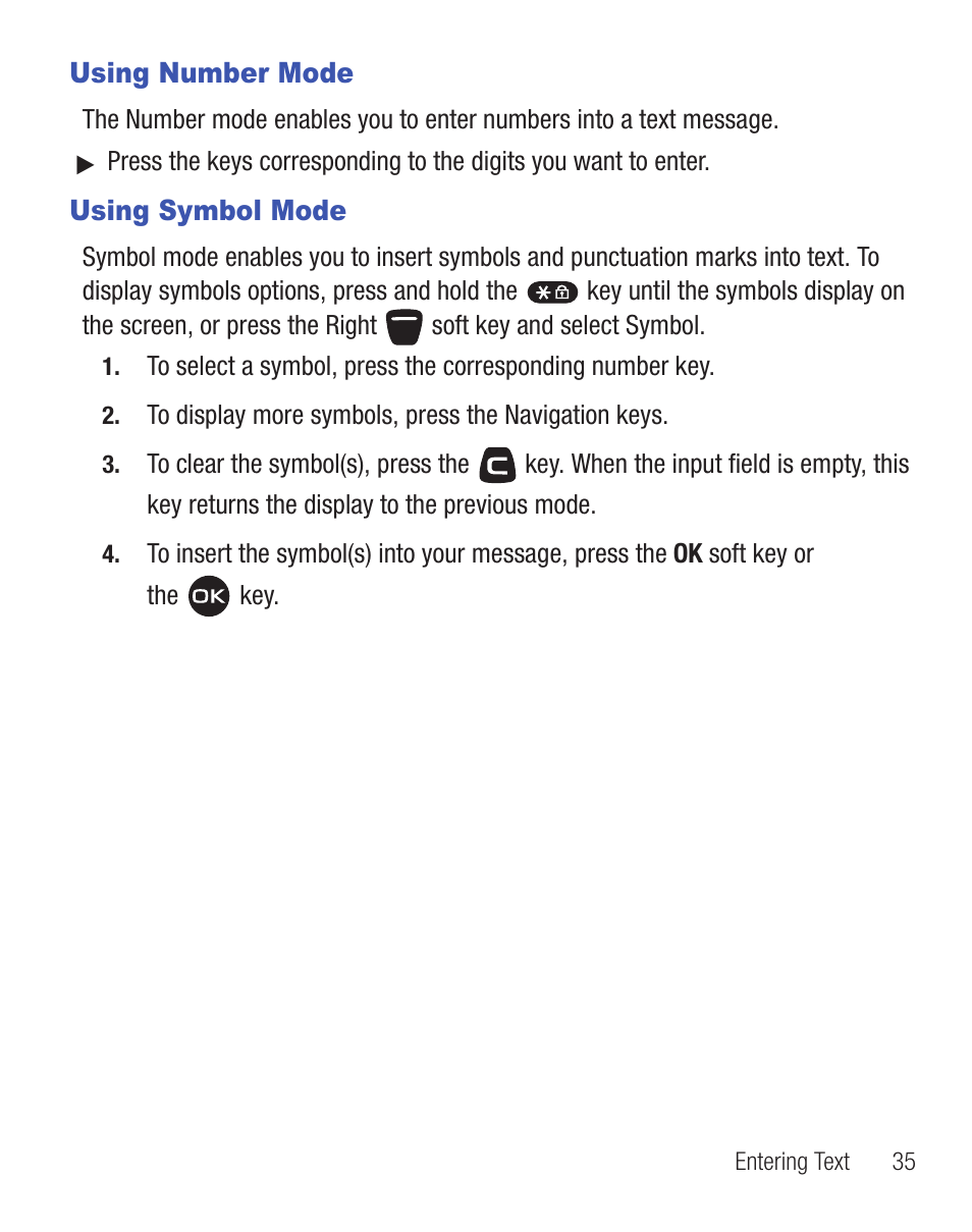 Using number mode, Using symbol mode, Using number mode using symbol mode | Samsung SGH-T404ZKATFN User Manual | Page 39 / 107