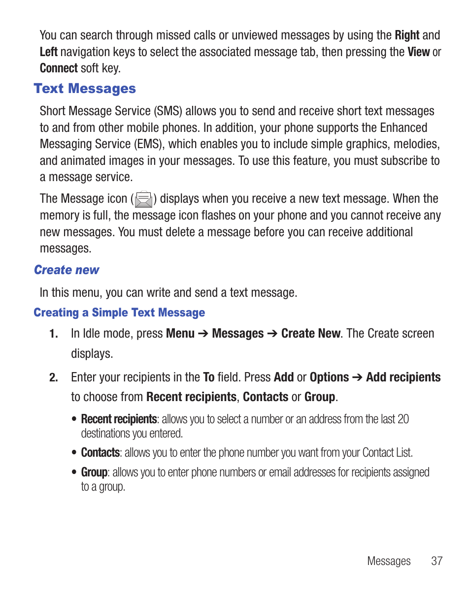 Text messages | Samsung SGH-T404ZKATFN User Manual | Page 41 / 107