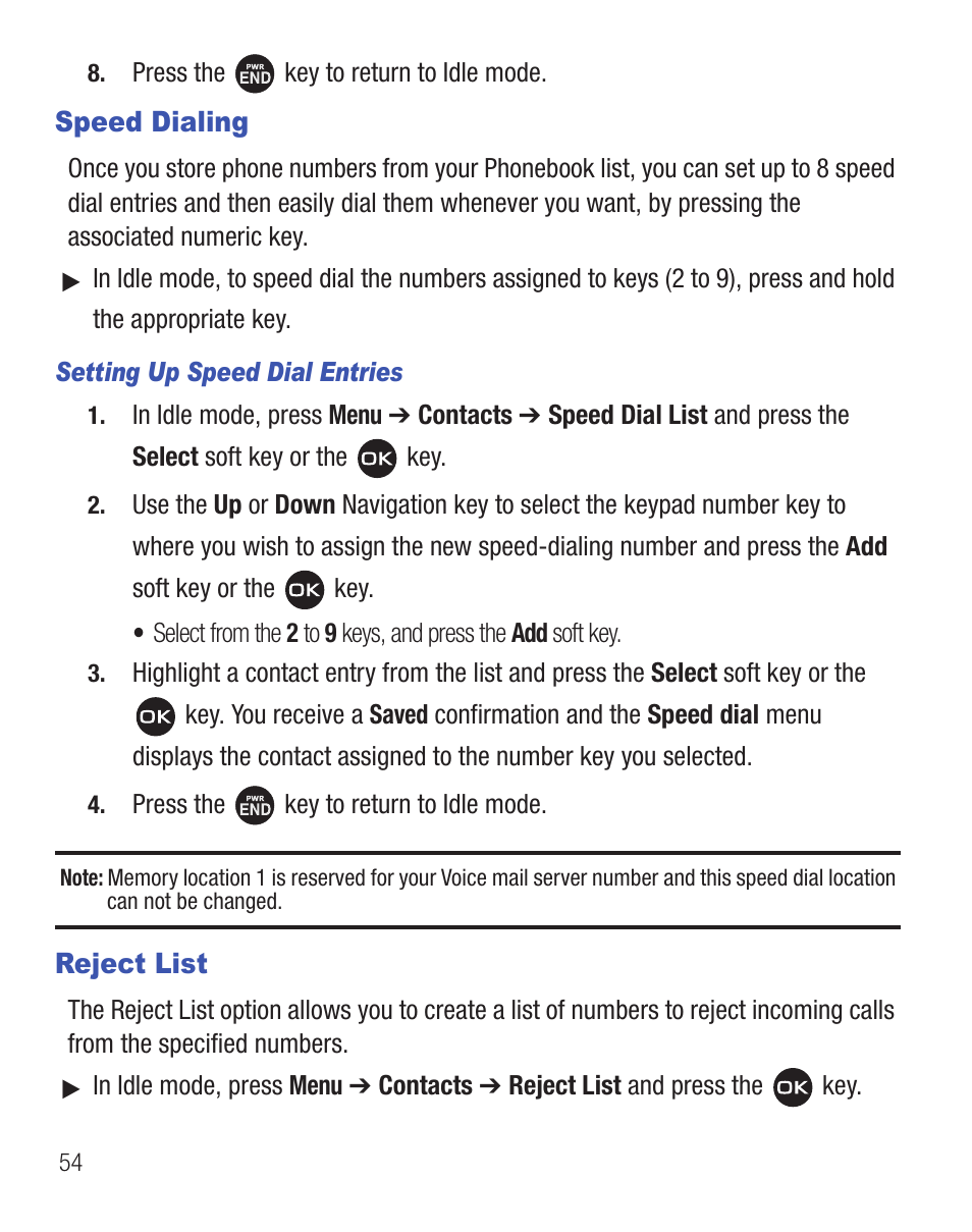 Speed dialing, Reject list, Speed dialing reject list | Samsung SGH-T404ZKATFN User Manual | Page 58 / 107