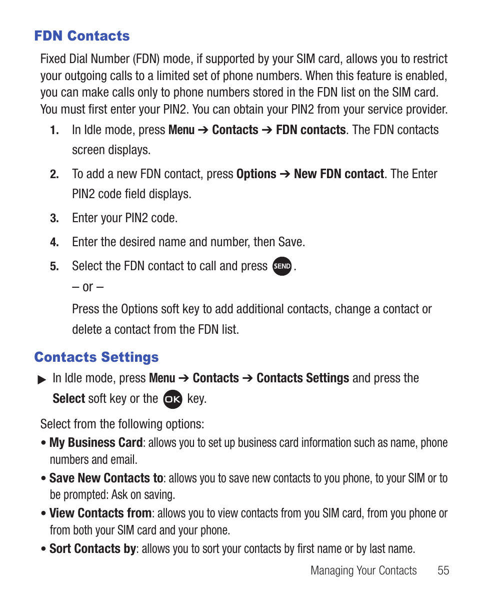 Fdn contacts, Contacts settings, Fdn contacts contacts settings | Samsung SGH-T404ZKATFN User Manual | Page 59 / 107