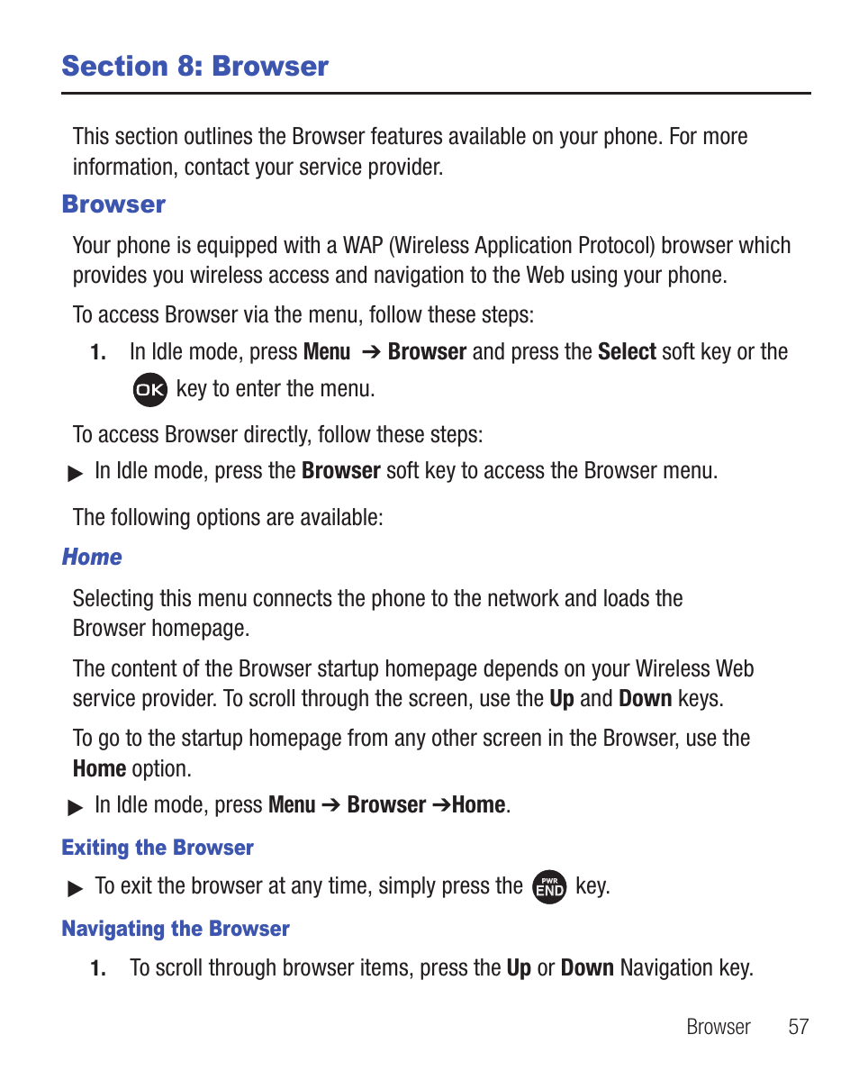 Section 8: browser, Browser | Samsung SGH-T404ZKATFN User Manual | Page 61 / 107