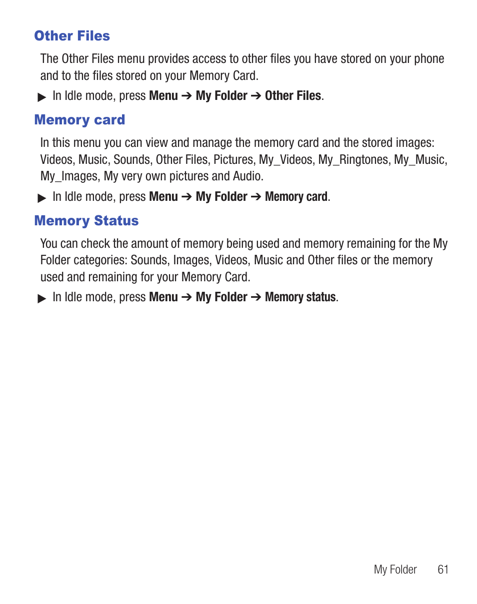 Other files, Memory card, Memory status | Other files memory card memory status | Samsung SGH-T404ZKATFN User Manual | Page 65 / 107