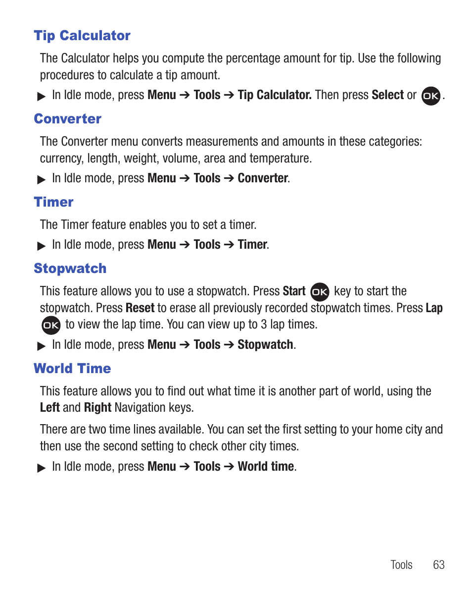 Tip calculator, Converter, Timer | Stopwatch, World time | Samsung SGH-T404ZKATFN User Manual | Page 67 / 107