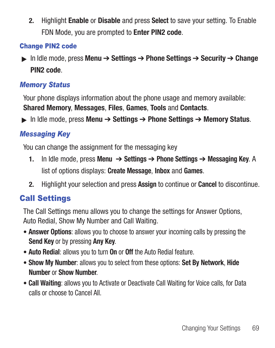 Call settings | Samsung SGH-T404ZKATFN User Manual | Page 73 / 107