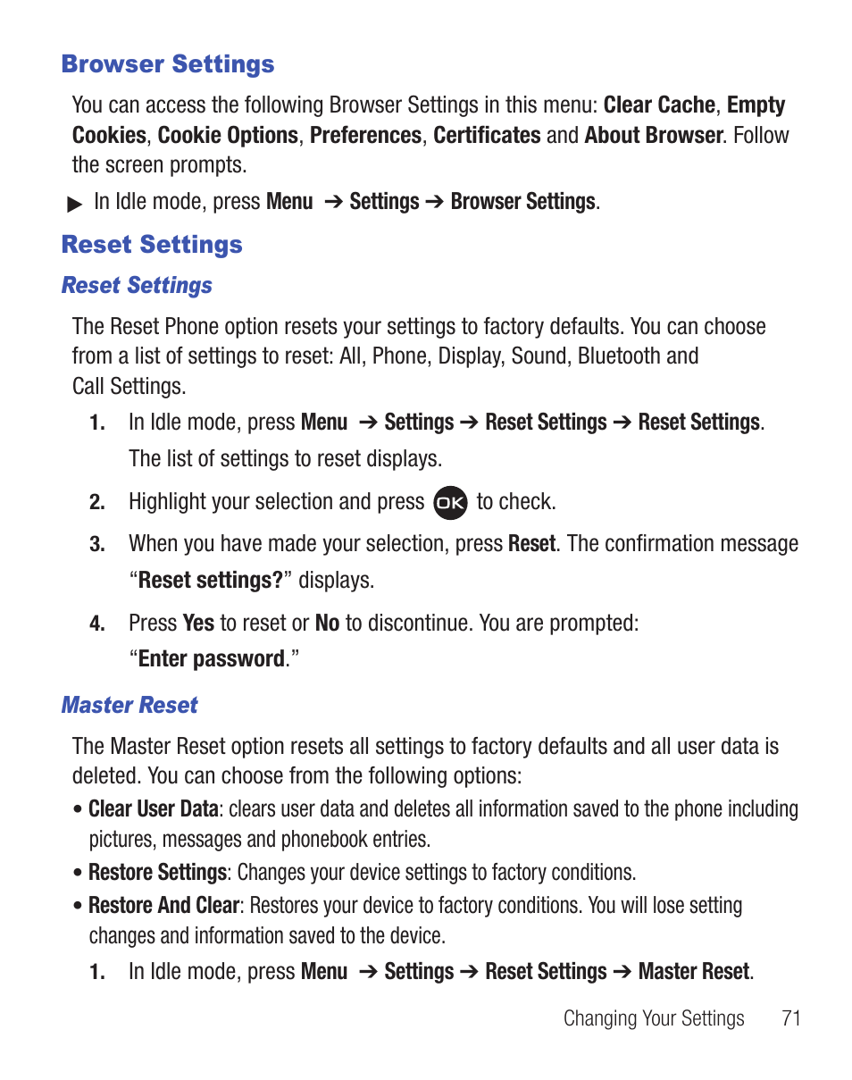 Browser settings, Reset settings, Browser settings reset settings | Samsung SGH-T404ZKATFN User Manual | Page 75 / 107