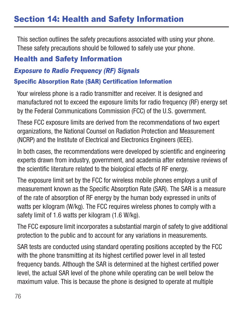 Section 14: health and safety information, Health and safety information | Samsung SGH-T404ZKATFN User Manual | Page 80 / 107