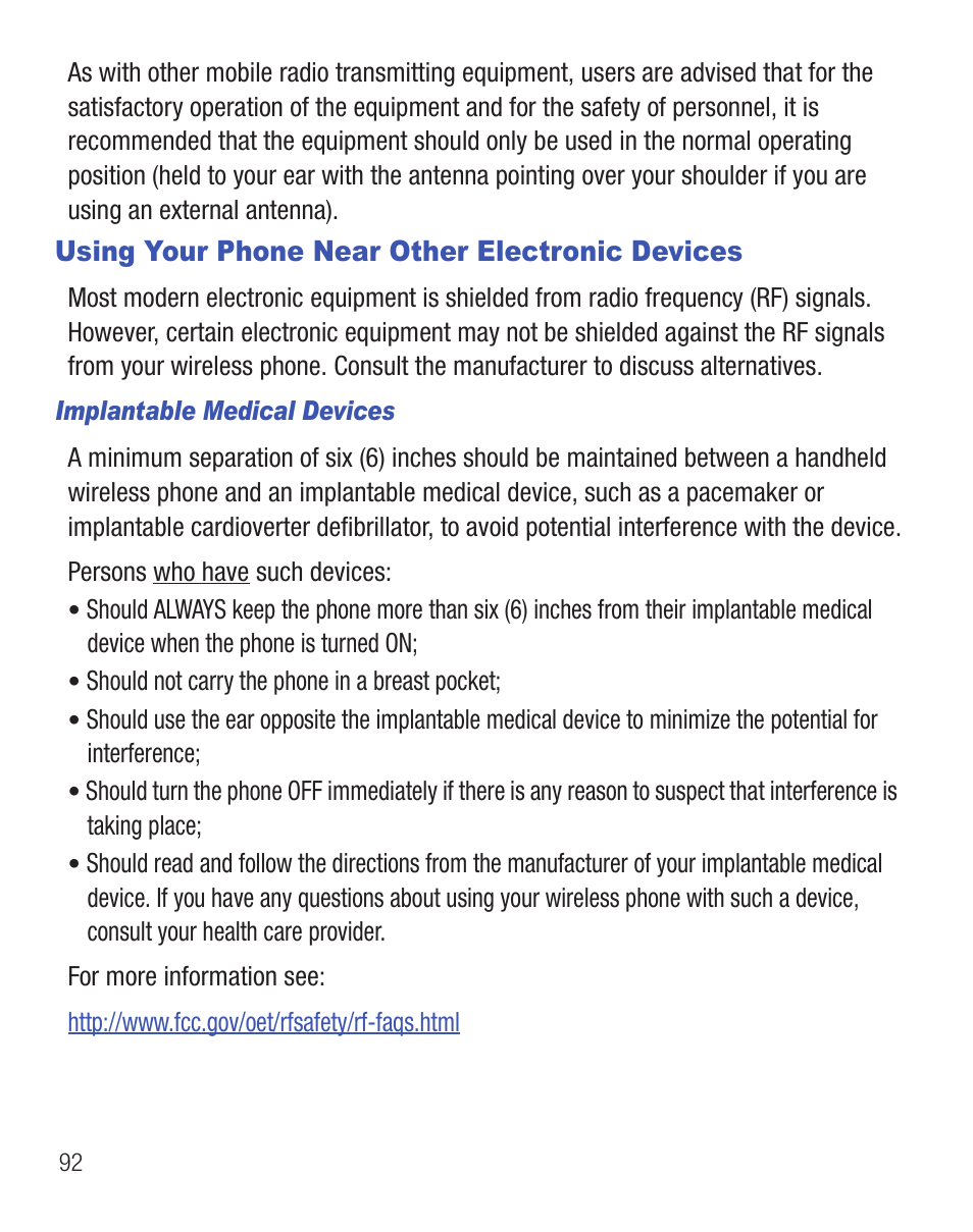 Using your phone near other electronic devices | Samsung SGH-T404ZKATFN User Manual | Page 96 / 107