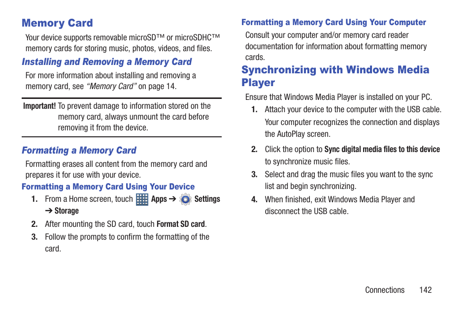 Memory card, Synchronizing with windows media player | Samsung GT-P6210MAEXAR User Manual | Page 147 / 262