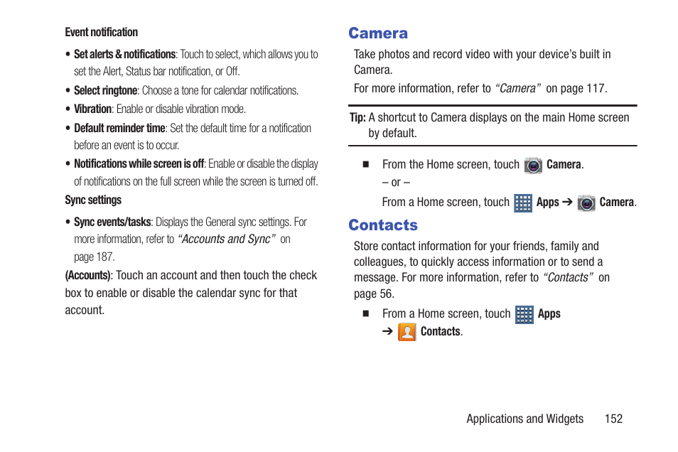 Camera, Contacts, Camera contacts | Samsung GT-P6210MAEXAR User Manual | Page 157 / 262