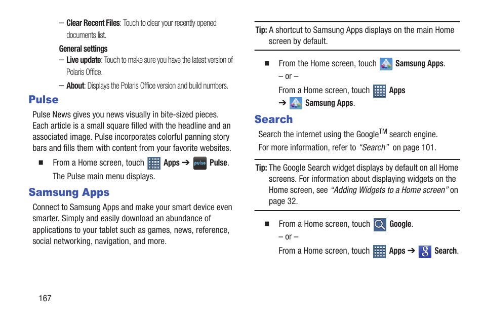 Pulse, Samsung apps, Search | Pulse samsung apps search, For more information, refer to “pulse, For more information, refer to | Samsung GT-P6210MAEXAR User Manual | Page 172 / 262