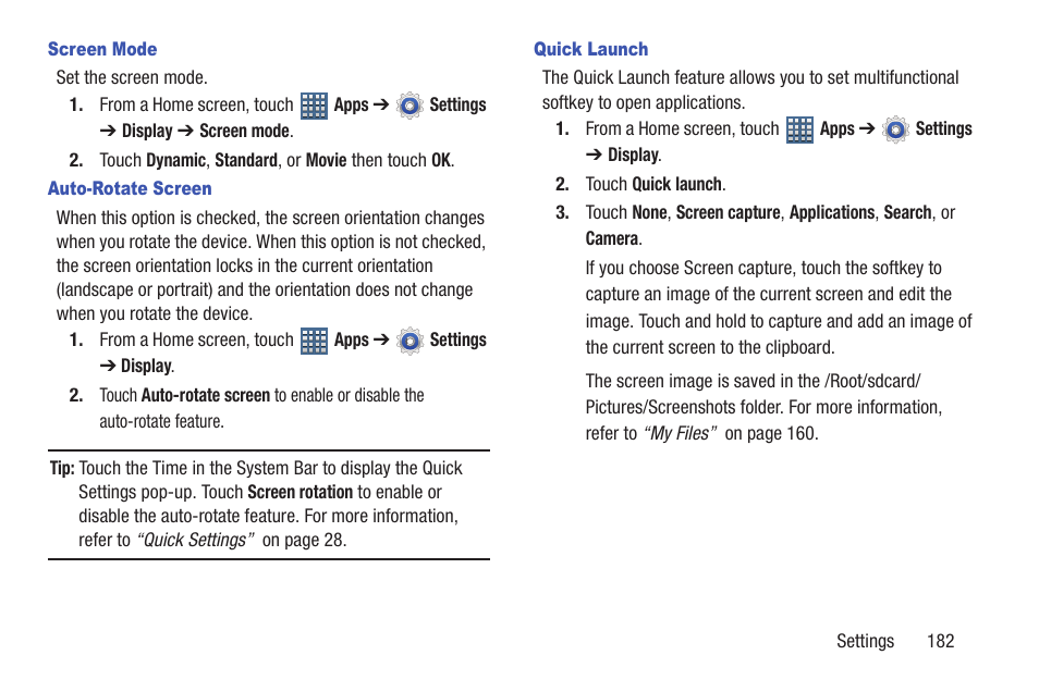 E. for more information, refer to “quick launch, More information, refer to “auto-rotate screen” on | Samsung GT-P6210MAEXAR User Manual | Page 187 / 262