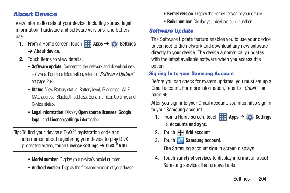 About device, For more information, refer to “software, For more | Samsung GT-P6210MAEXAR User Manual | Page 209 / 262
