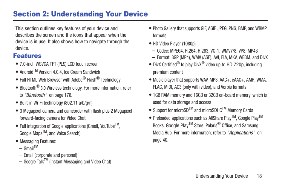 Section 2: understanding your device, Features | Samsung GT-P6210MAEXAR User Manual | Page 23 / 262