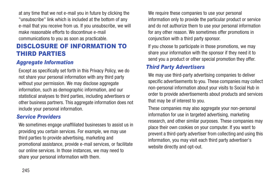 Disclosure of information to third parties, Disclosure of information to, Third parties | Samsung GT-P6210MAEXAR User Manual | Page 250 / 262