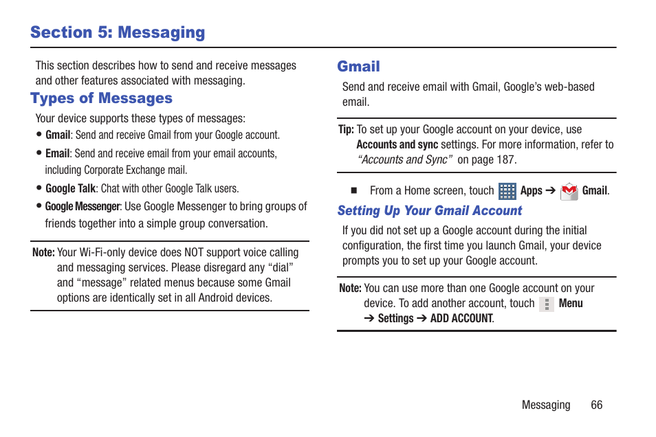 Section 5: messaging, Types of messages, Gmail | Types of messages gmail, For more, For more information, refer | Samsung GT-P6210MAEXAR User Manual | Page 71 / 262