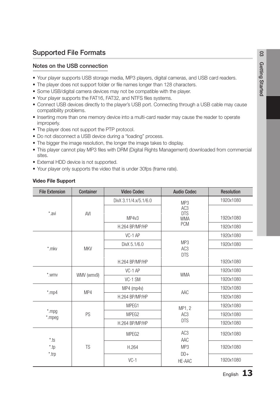 Supported file formats | Samsung BD-D5250C-ZA User Manual | Page 13 / 76