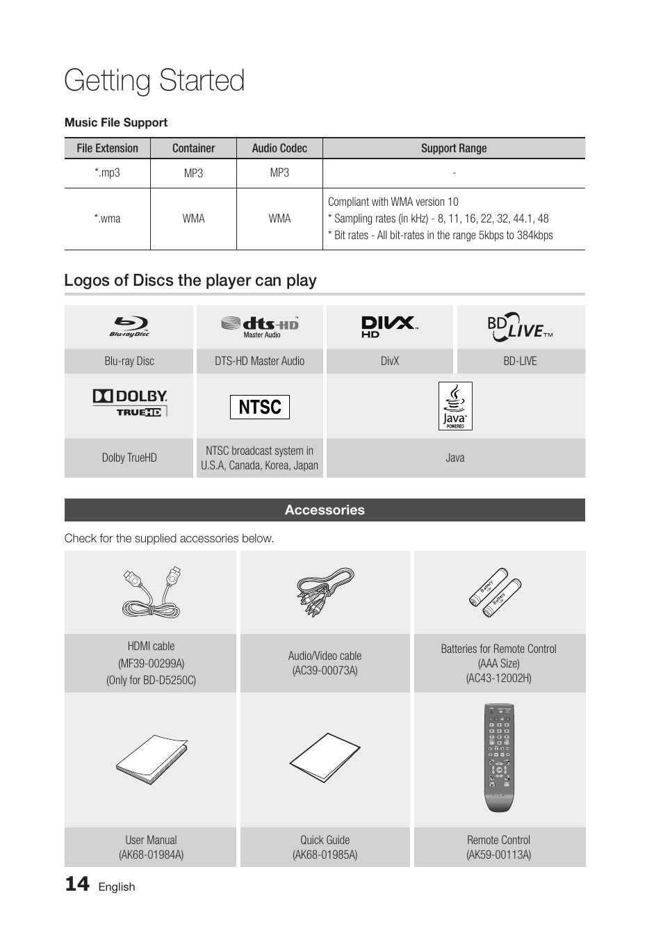 Logos of discs the player can play, Accessories, Getting started | Samsung BD-D5250C-ZA User Manual | Page 14 / 76