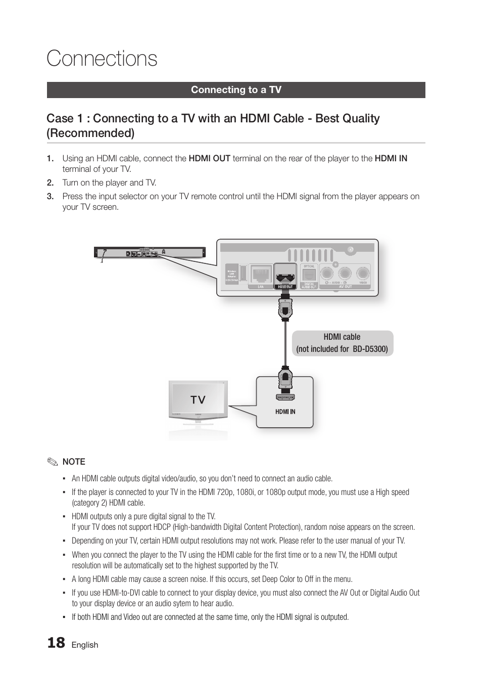Connections, Connecting to a tv | Samsung BD-D5250C-ZA User Manual | Page 18 / 76