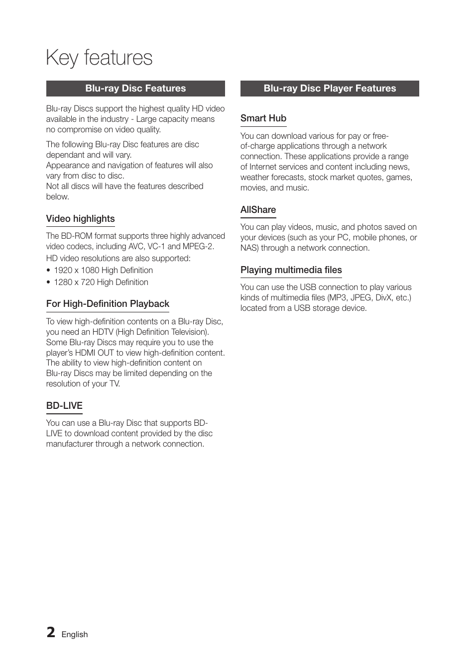 Key features, Blu-ray disc features, Blu-ray disc player features | Samsung BD-D5250C-ZA User Manual | Page 2 / 76