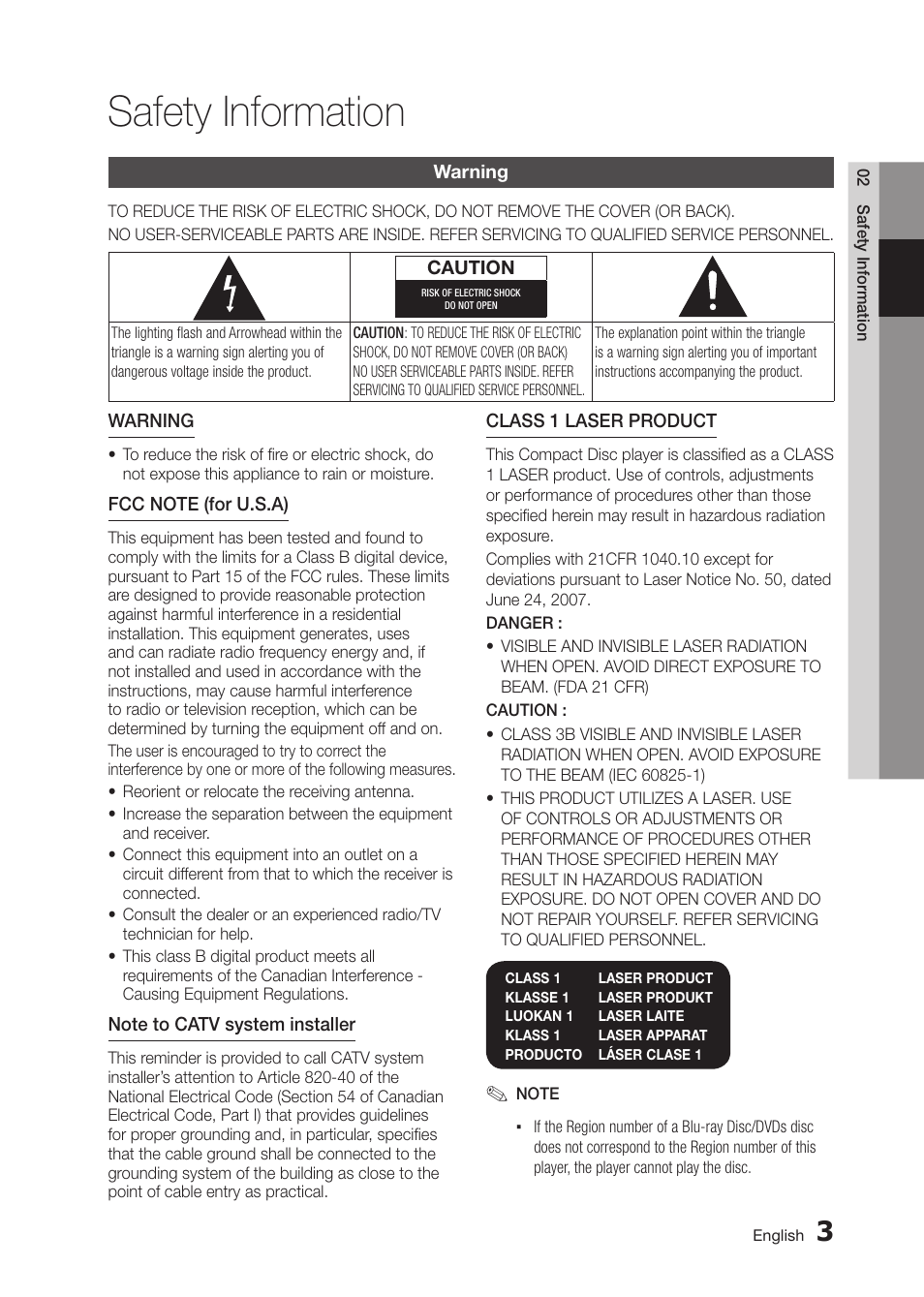 Safety information, Warning | Samsung BD-D5250C-ZA User Manual | Page 3 / 76