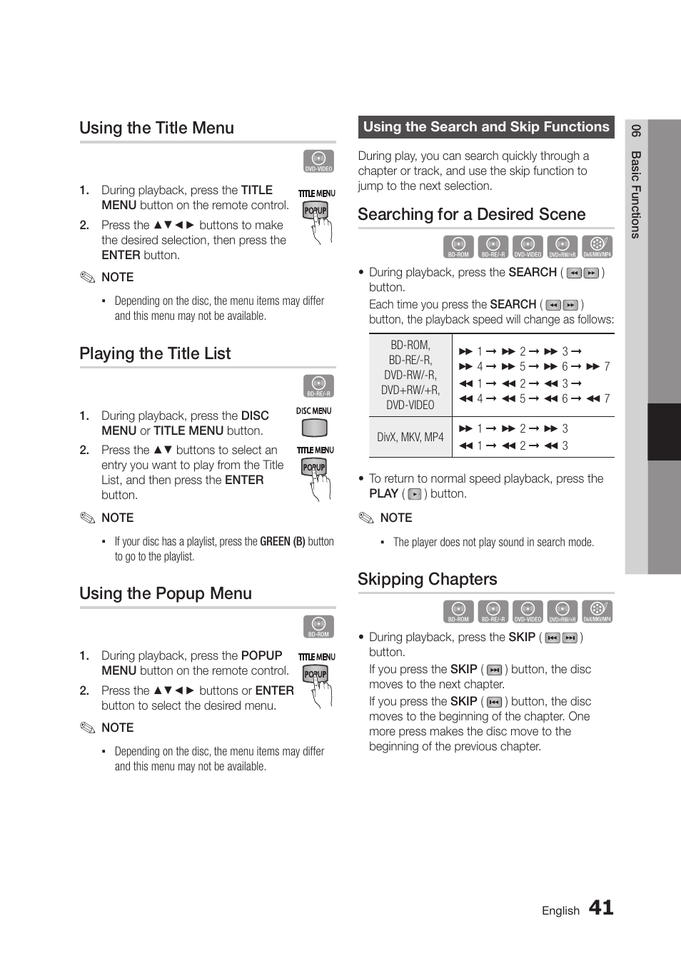 Using the title menu, Using the popup menu, Playing the title list | Using the search and skip functions, Skipping chapters, Searching for a desired scene, Hzzyx | Samsung BD-D5250C-ZA User Manual | Page 41 / 76