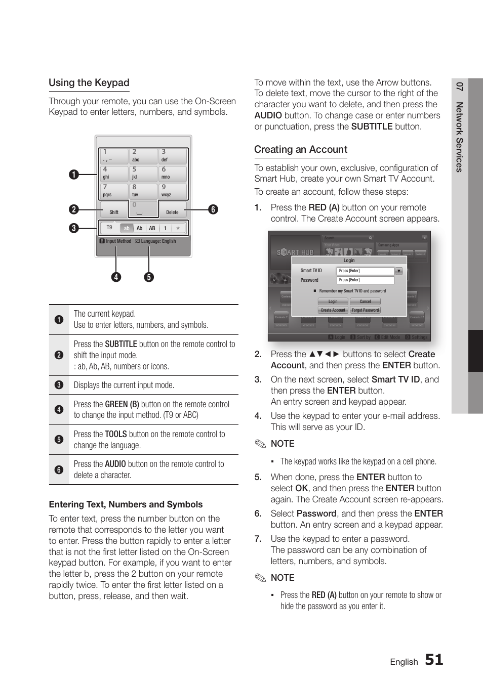 Using the keypad, Creating an account, 07 network services | Samsung BD-D5250C-ZA User Manual | Page 51 / 76