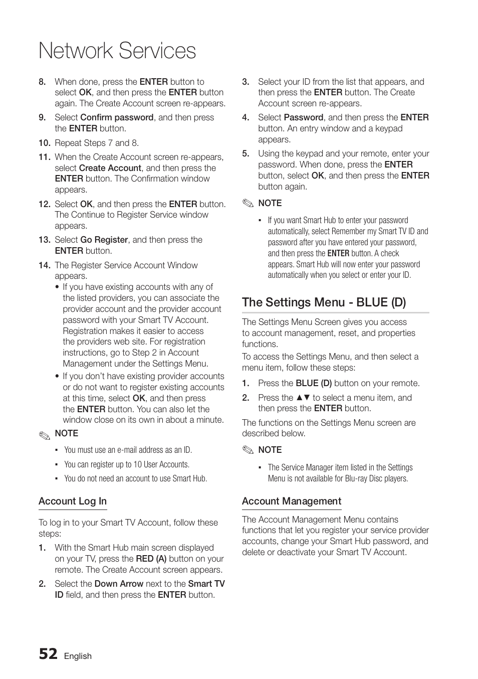 The settings menu - blue (d), Network services | Samsung BD-D5250C-ZA User Manual | Page 52 / 76