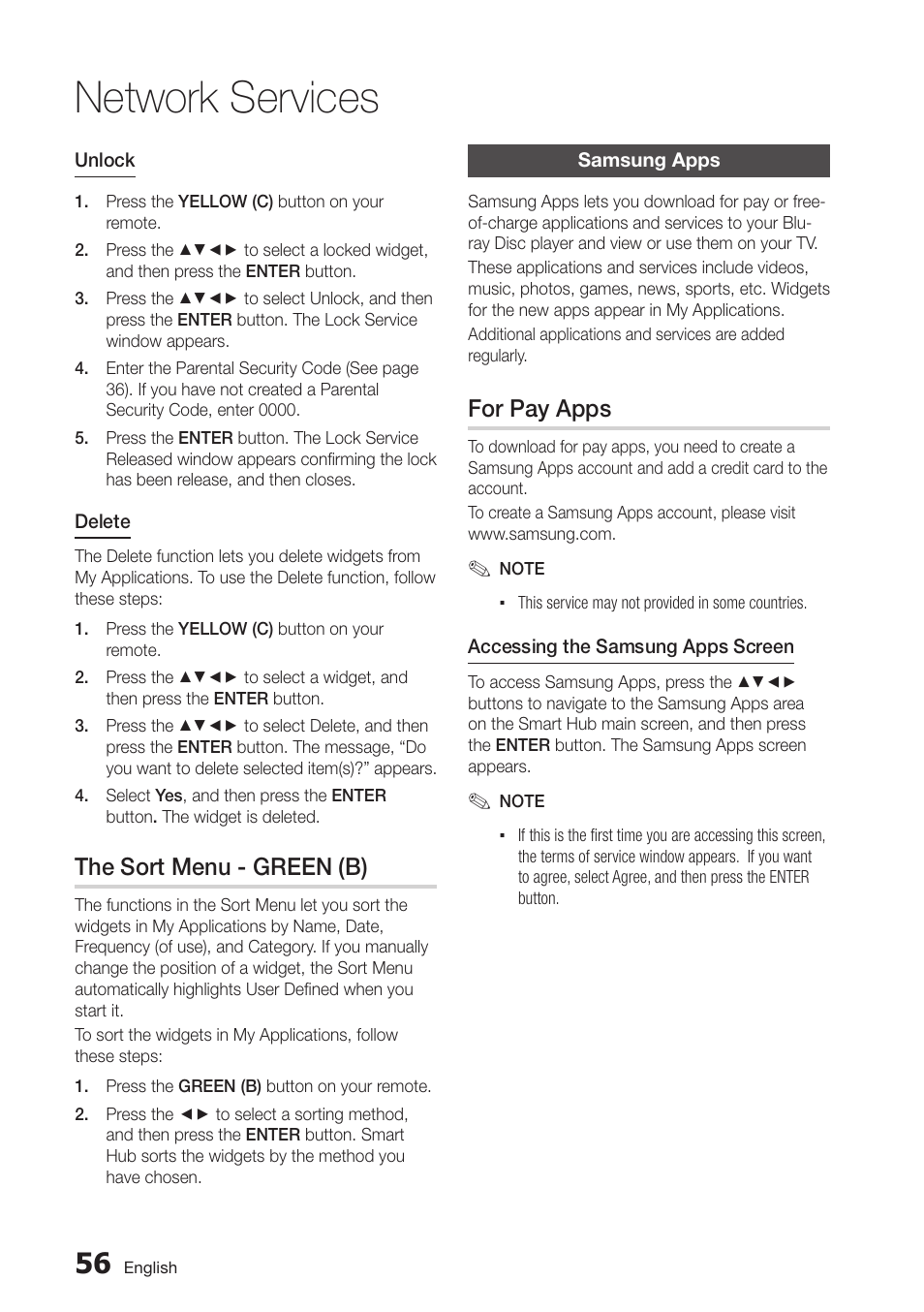 The sort menu - green (b), Samsung apps, For pay apps | Network services | Samsung BD-D5250C-ZA User Manual | Page 56 / 76