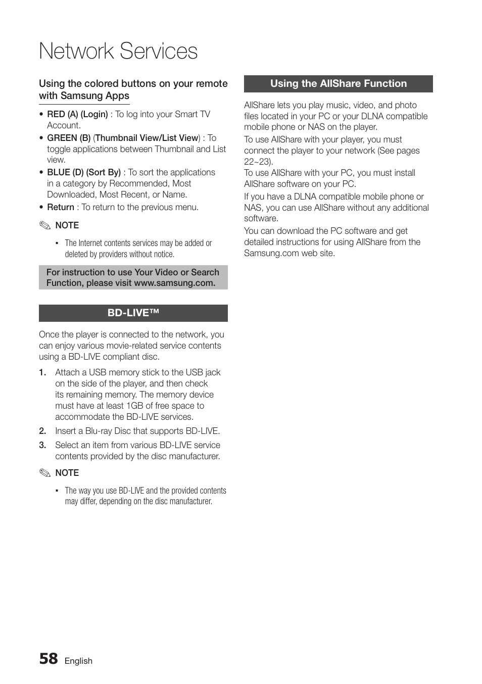 Bd-live, Using the allshare function, Network services | Samsung BD-D5250C-ZA User Manual | Page 58 / 76