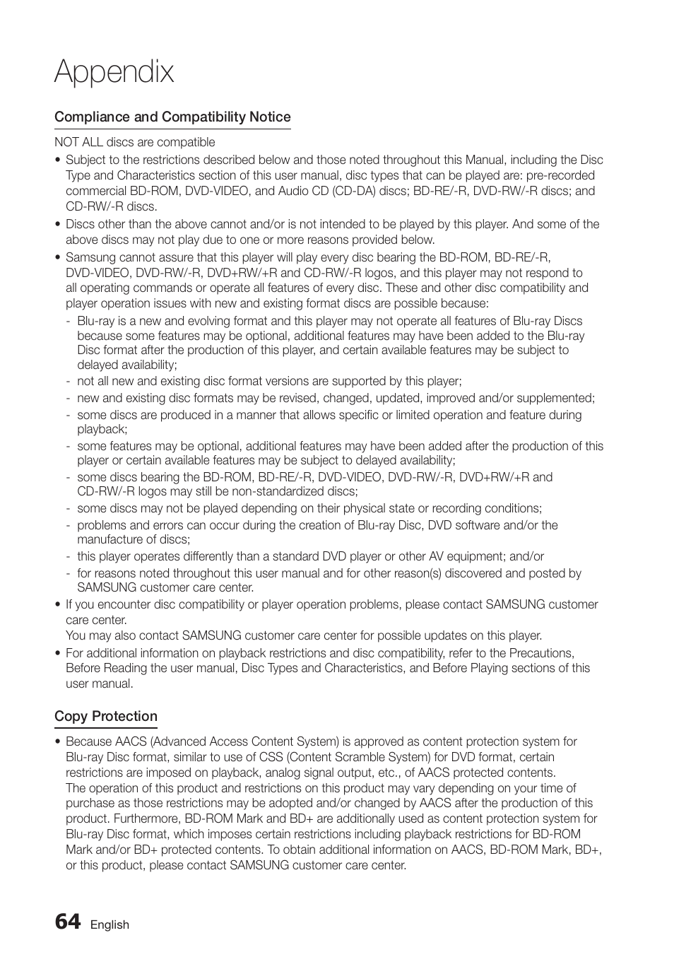 Appendix | Samsung BD-D5250C-ZA User Manual | Page 64 / 76