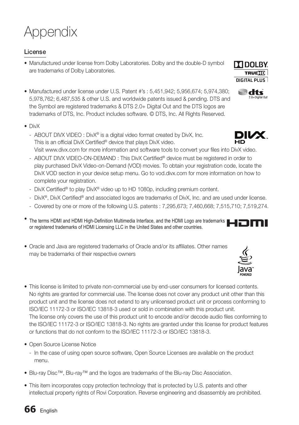Appendix | Samsung BD-D5250C-ZA User Manual | Page 66 / 76