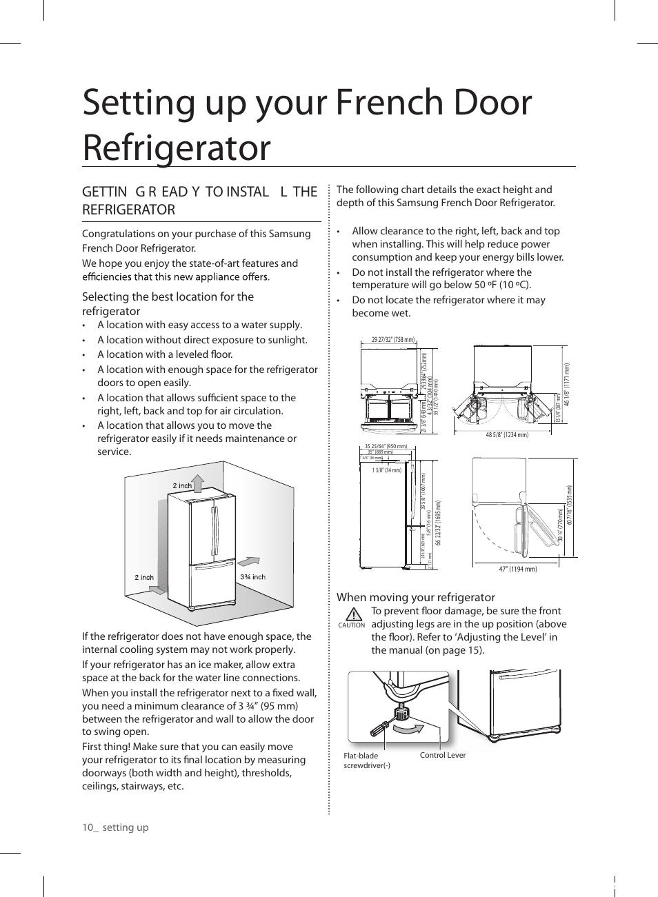Setting up your french door refrigerator, Gettin g r ead y to instal l the refrigerator | Samsung RL220NCTASR-AA User Manual | Page 10 / 96
