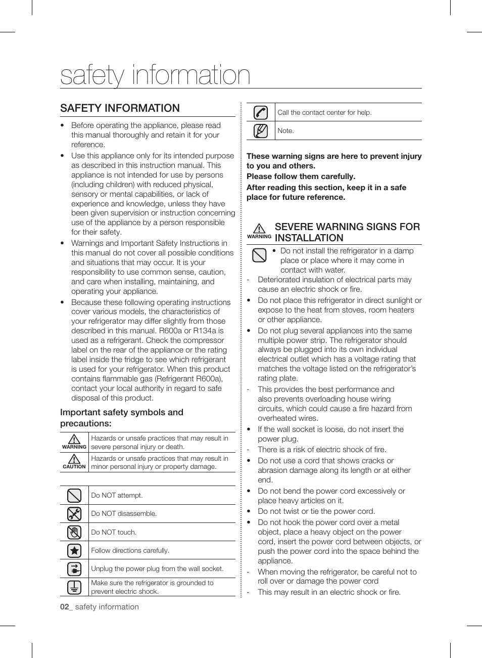 Safety information, Severe warning signs for installation | Samsung RL220NCTASR-AA User Manual | Page 2 / 96