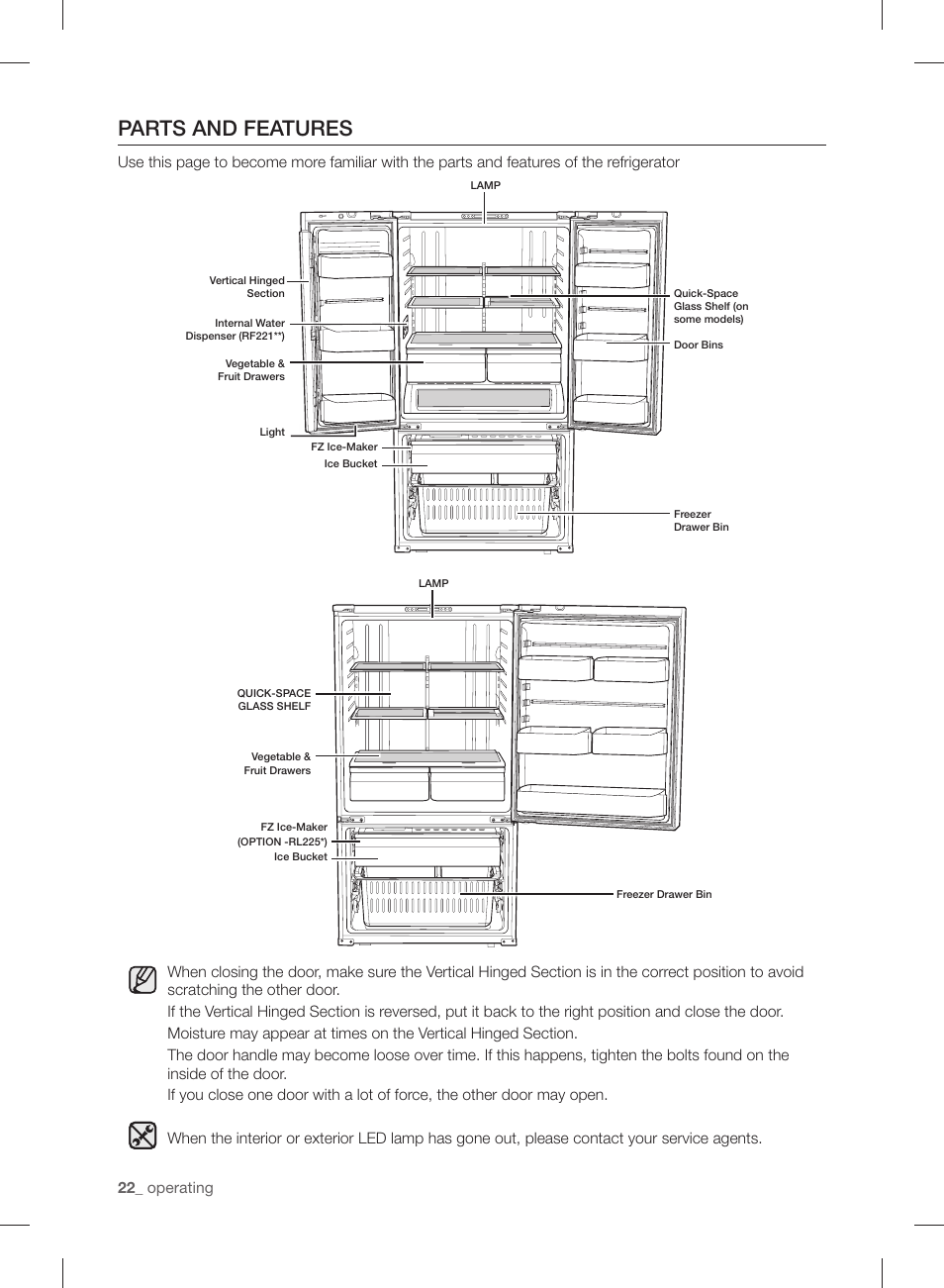 Parts and features | Samsung RL220NCTASR-AA User Manual | Page 22 / 96