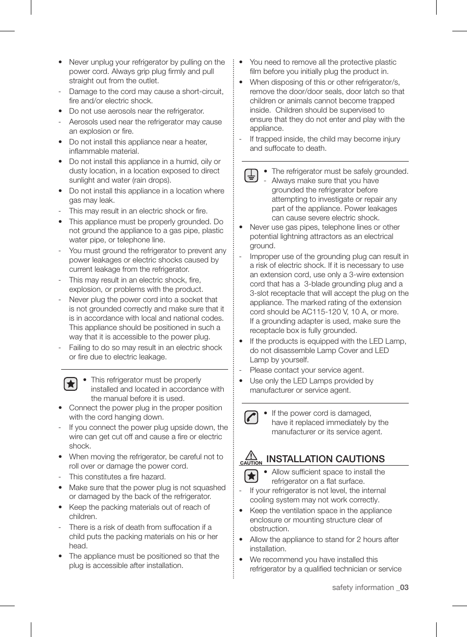 Installation cautions | Samsung RL220NCTASR-AA User Manual | Page 3 / 96