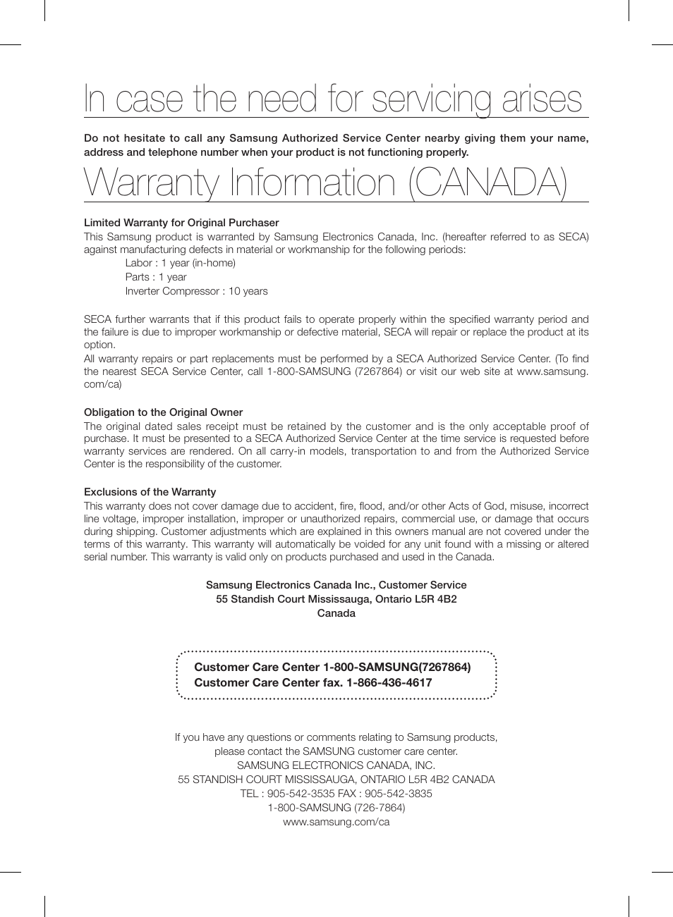 Warranty information (canada) | Samsung RL220NCTASR-AA User Manual | Page 30 / 96