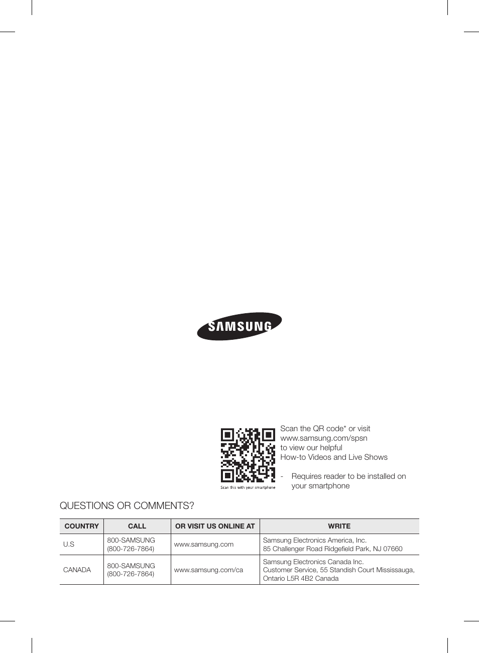 Questions or comments | Samsung RL220NCTASR-AA User Manual | Page 32 / 96